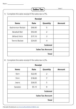 calculating sales tax sales receipt worksheet answers